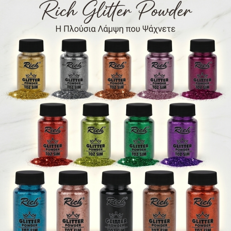 Rich Σκόνη Glitter 50ml σε 14 διαφορετικές αποχρώσεις για χειροτεχνίες και διακόσμηση.