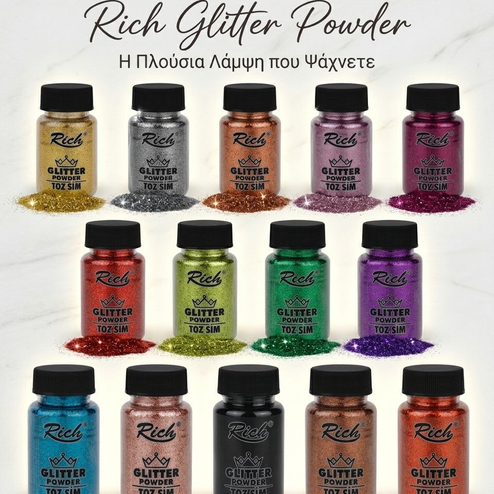 Rich Σκόνη Glitter 50ml σε 14 διαφορετικές αποχρώσεις για χειροτεχνίες και διακόσμηση.
